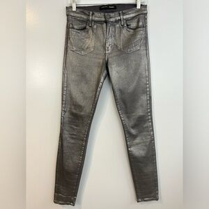 J. Brand Neiman Marcus Skinny Mid Rise Silver Chrome Crinkle Skinny Jeans 27
